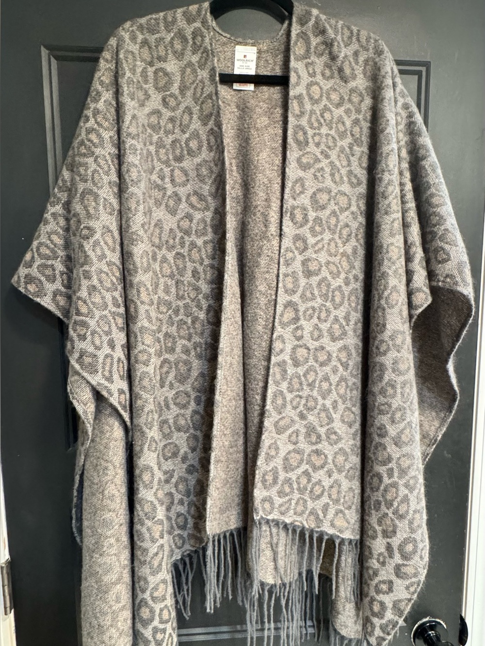Woolrich Leopard Print Ruana Poncho Wrap Fringe Shawl One Size
